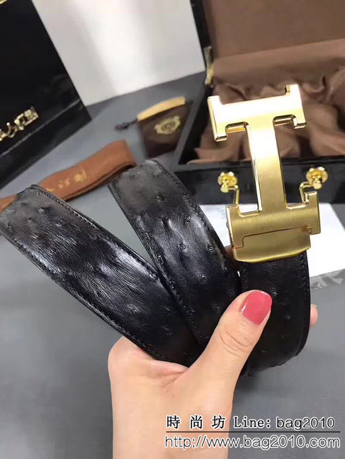 愛馬仕HERMES 進口鴕鳥皮 無拼接、全羽毛釘 高端男士皮帶 HHG1250
